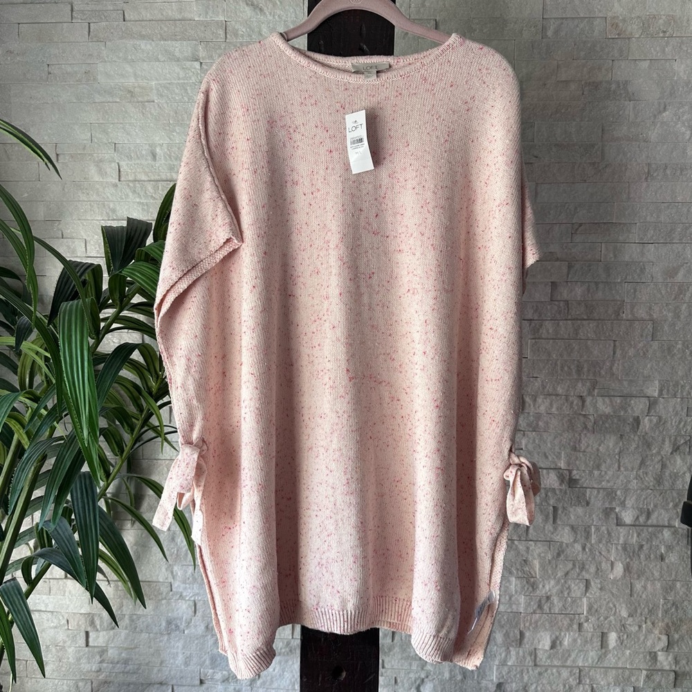 LOFT Pink Speckled Cotton Knit Poncho with Bow Accents Size M/L New with Tags